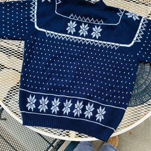 JCPenney 1970s Navy. Stylish navy cardigan with white snowflake.